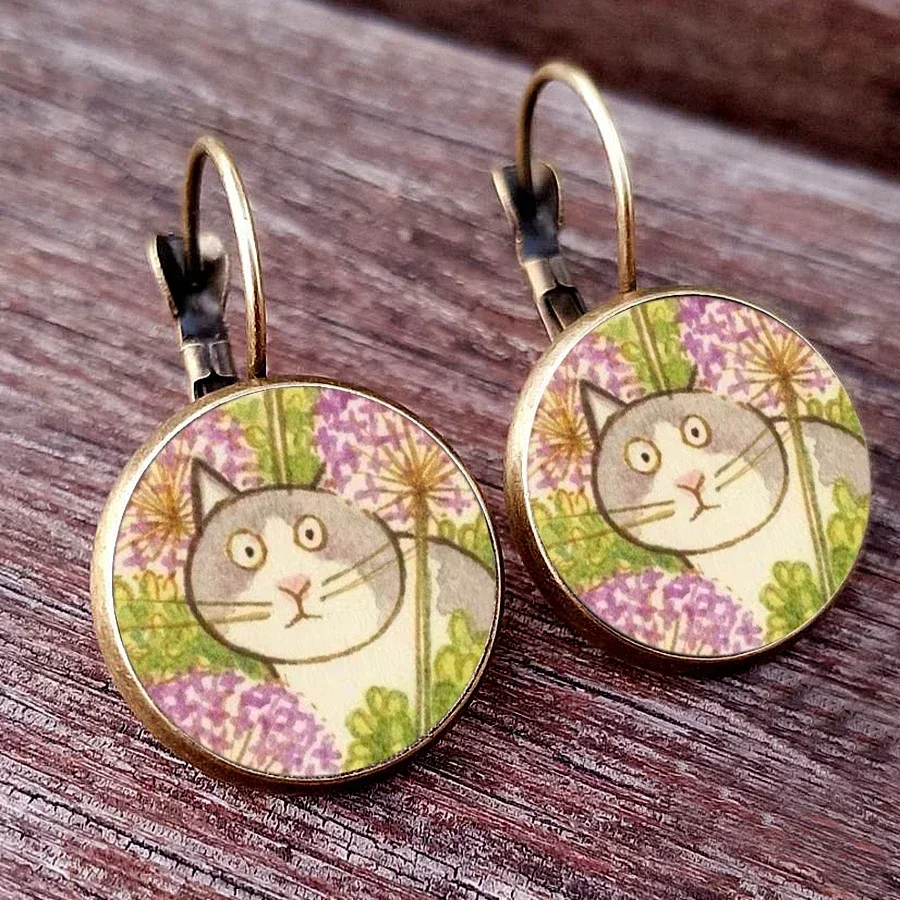 2024 Funny and Creative Cat Earrings Cute and mischievous colored glass dome French hook earrings Love cat girl Earrings Jewelry