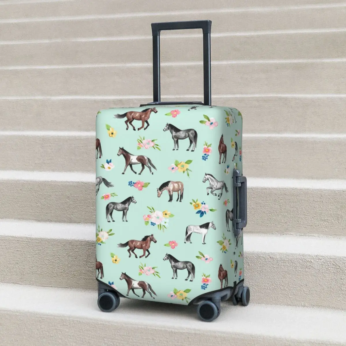 

Лошади и цветы, мятно-синий, защитный чехол для чемодана с изображением лошади, эластичные защитные чехлы для дорожного багажа на 18-32 дюймов