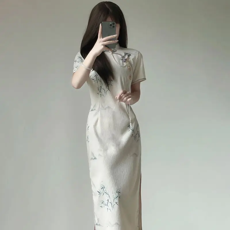 New Spring and Summer 2023 Cheongsam Long Double-layer Qipao China Dress Tang Suit Hanfu Short-sleeved Formal Dress For Women