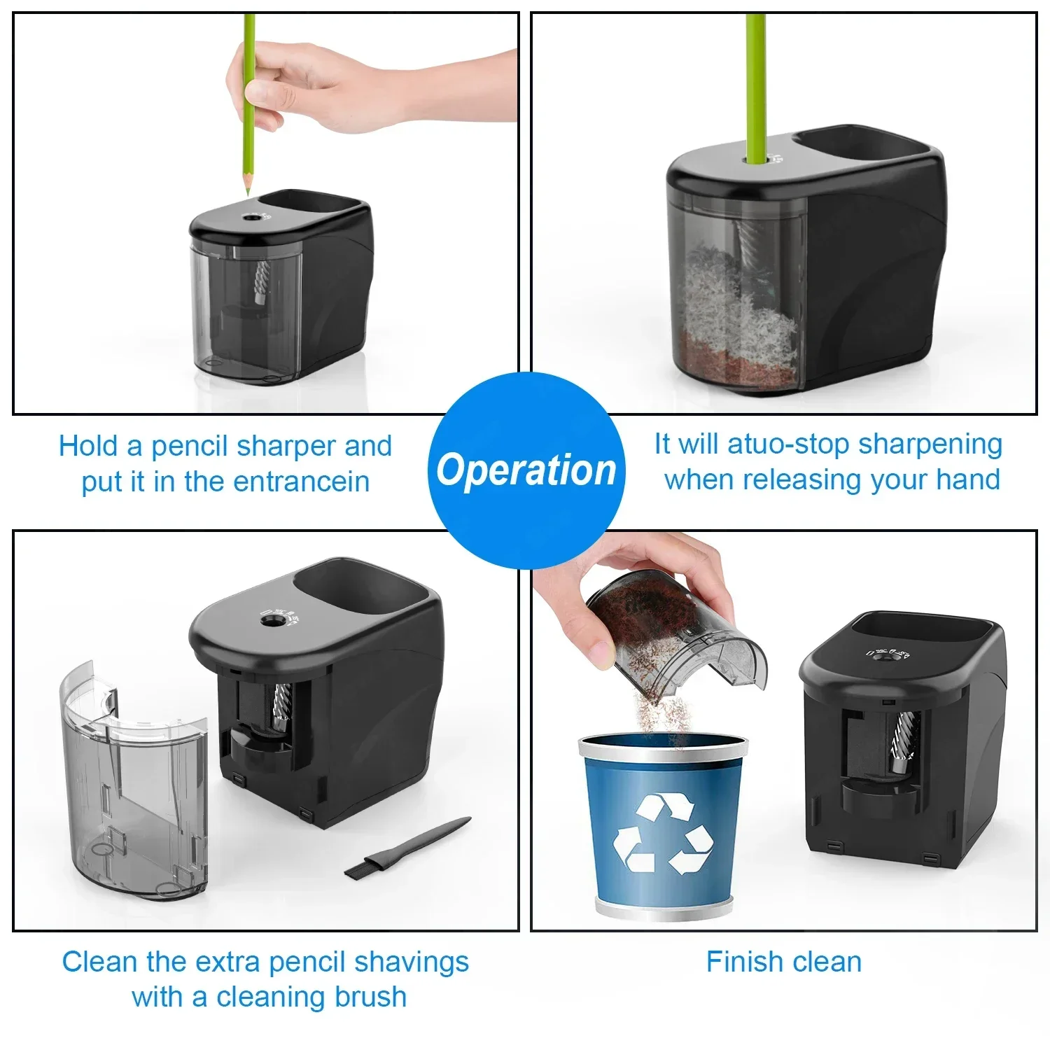 Sacapuntas de limpieza de cepillo eléctrico con Motor de aula de estudio de artista, inicio escolar automático con lápiz, caja fuerte de oficina