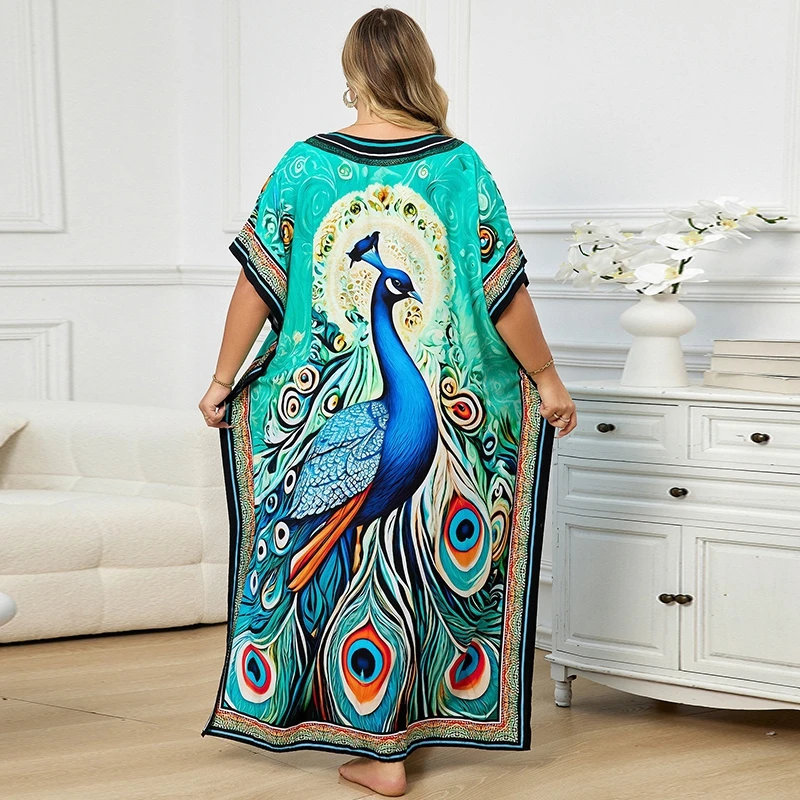 Phoneix Print Kaftan Plus Size Maxi Dress Lounge Wear Boho Chic Vibrant Tribal Vibe Women Caftan Ethnic Island Beach Cover Ups
