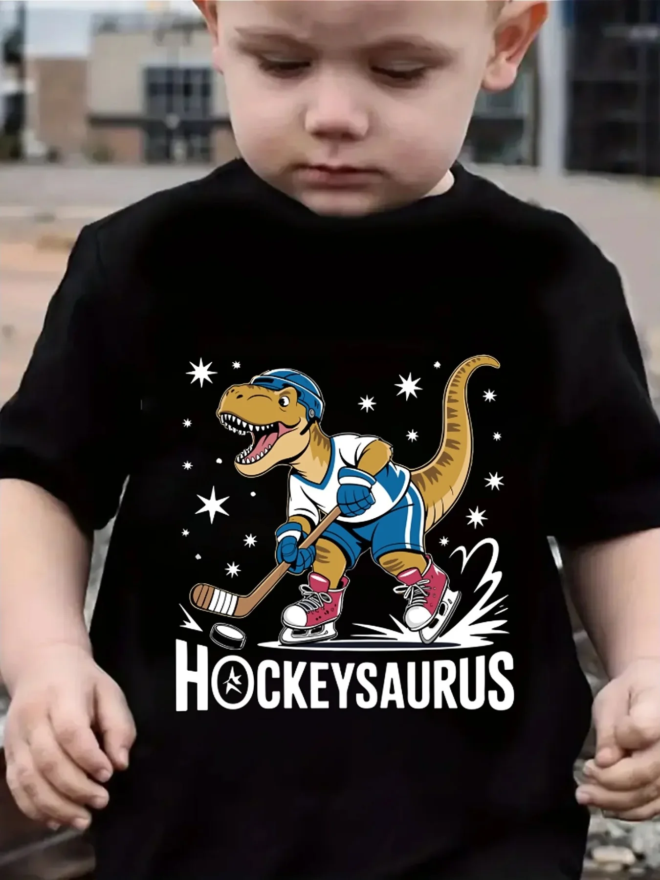 Hockeysaurus Dinosaur Play Ice Hockey Cartoon Graphic Family Matching T Shirt Boy Girls Short Sleeve Summer Crew Neck Casual Top