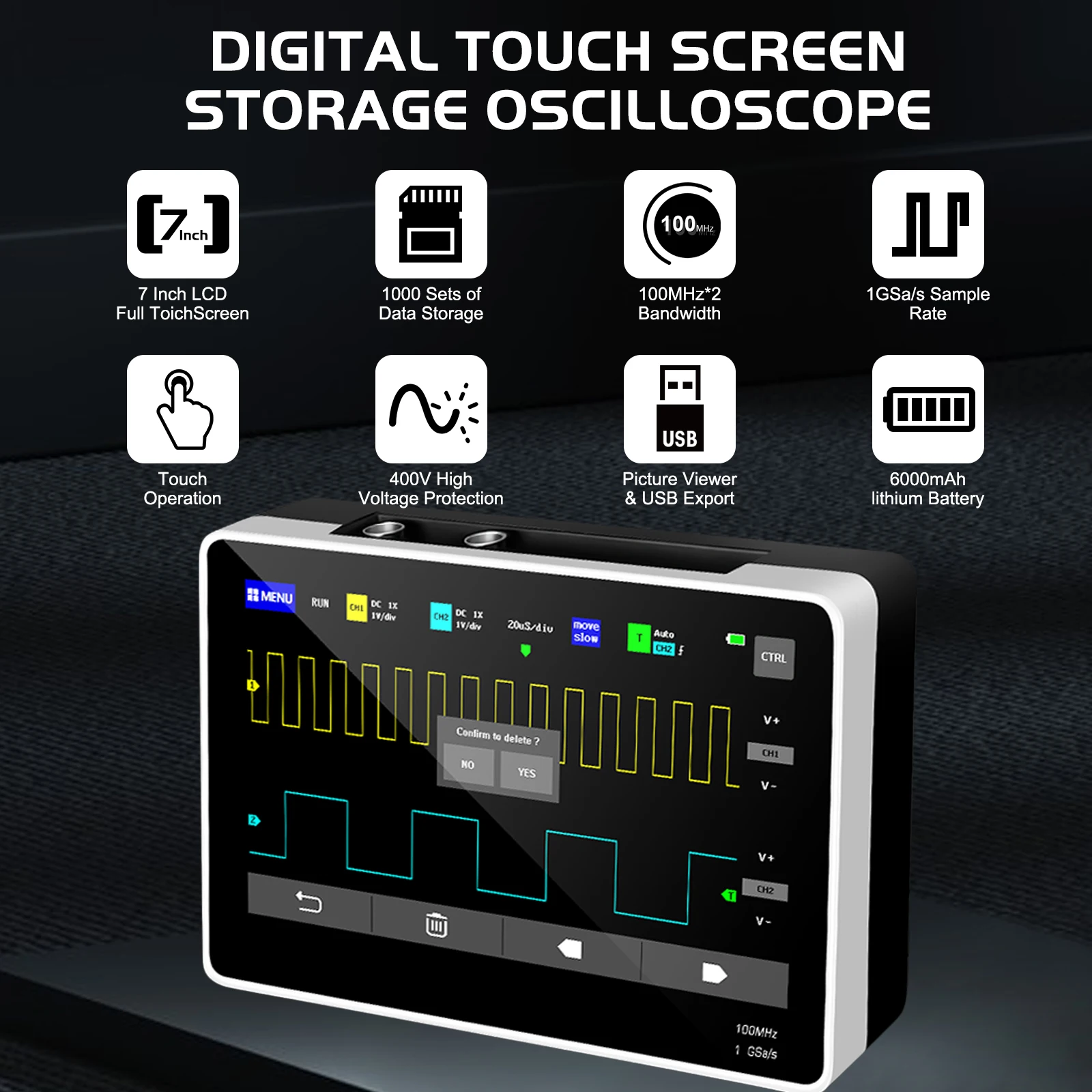 1013D Plus Oscilloscope - Portable Handheld Tablet, 100X Probe, Dual Channel, 100MHz, 1GSa/s, 7-Inch TFT LCD Touchscreen