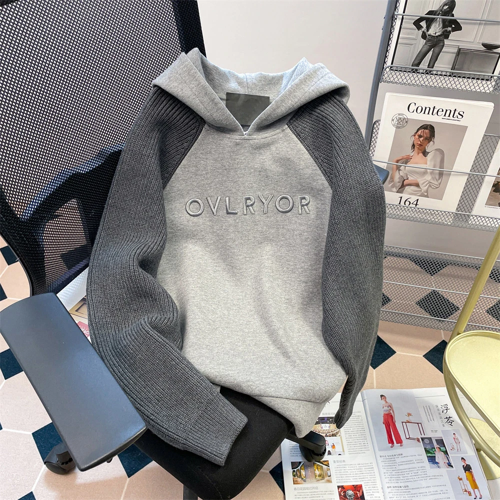 

Серая толстовка контрастного цвета, женская осенне-зимняя негабаритная утолщенная куртка с капюшоном и длинными рукавами с вышивкой, повседневные шикарные топы