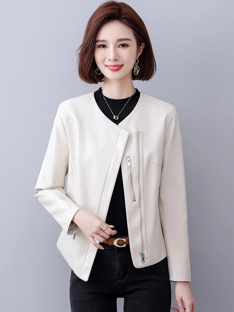 แฟชั่นไม่สม่ําเสมอซิป Sheepskin แจ็คเก็ตผู้หญิงลําลองแขนยาว Slim สุภาพสตรี Chic แยกเสื้อแจ็คเก็ตหนัง