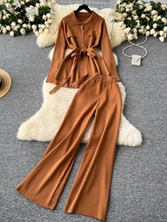 Autumn Korean Fashion Retro Knitted Two Piece Set Women Turndown Collar Tops + Long Pants Winter Slim Vintage Elegant Suits 2024