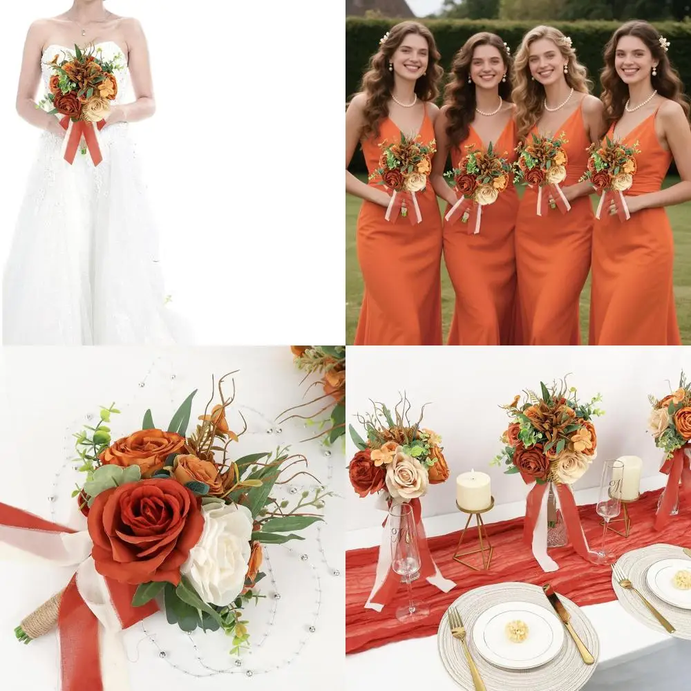 

6-piece Set of 9 Artificial Bridal Bouquets for Weddings, Anniversaries, and Decorative Centerpieces in Terracotta