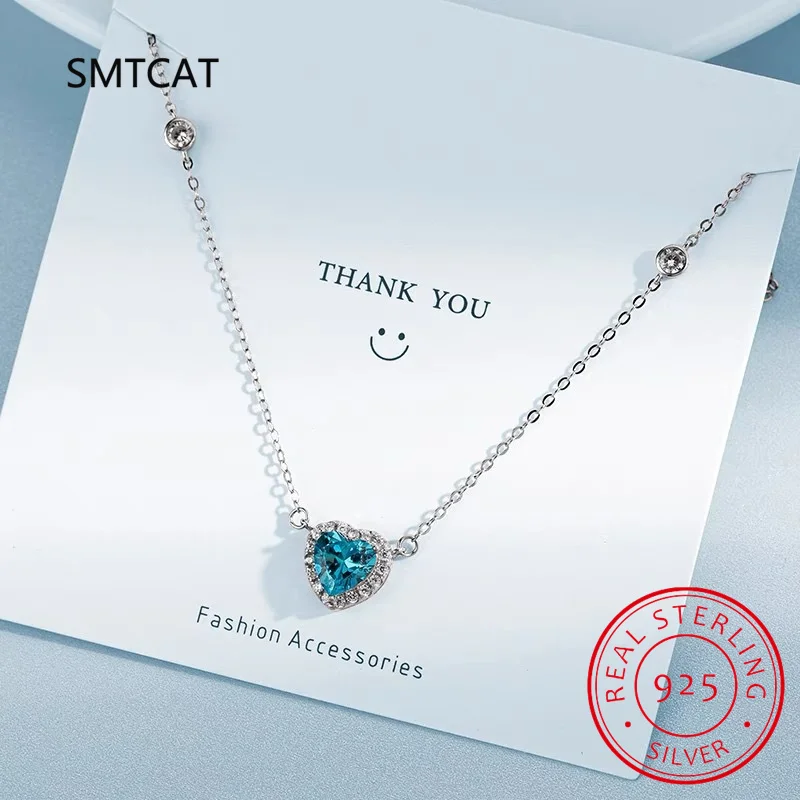 Natural Sky Blue Topaz 925 Sterling Silver Heart Pendant Necklace for Women Fine Jewelry Gemstone Choker Colar de Prata