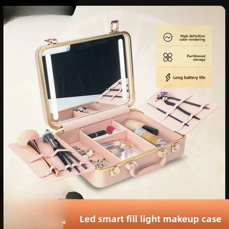 Portable professional portable cosmetic case with lamp LED follow-up case dimmable multi-layer makeup storage case with mirror