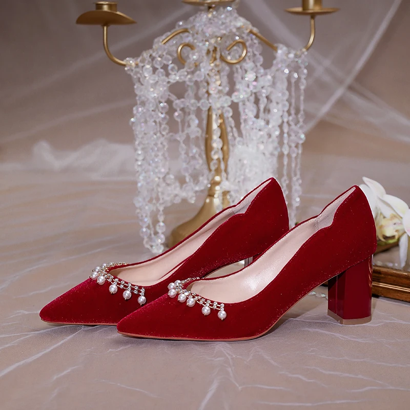 wine red chunky square heel wedding shoes 2022 bride dress pumps pregnant safe confortable suede high heel pearl single shoes