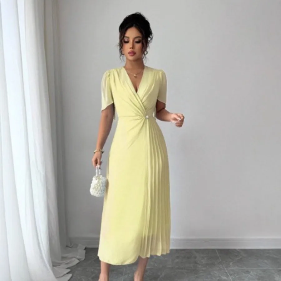 

【New style】Spot 2026 summer fashionable temperament casual pleated sexy waist dress