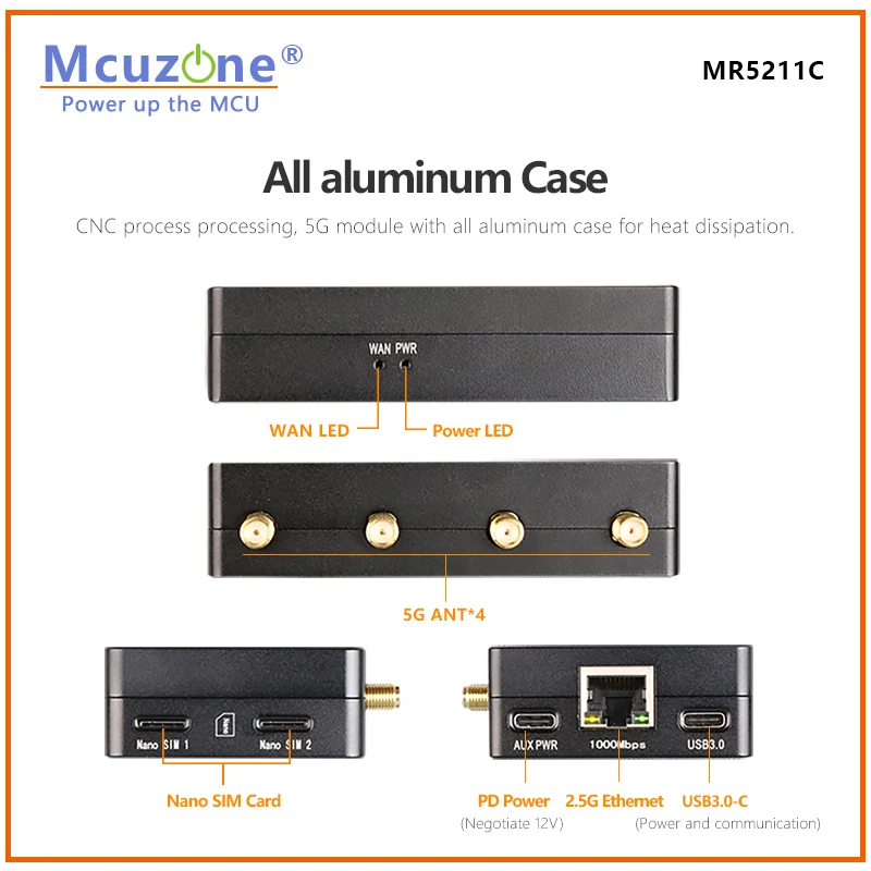 (model:MR5211C)M.2 5G to 2.5G Ethernet(RJ45) USB3.0-C,CNC Case,Support RM521F,RM520N,RM500U,RM520N and RM551E ,win10/11,RTL8125