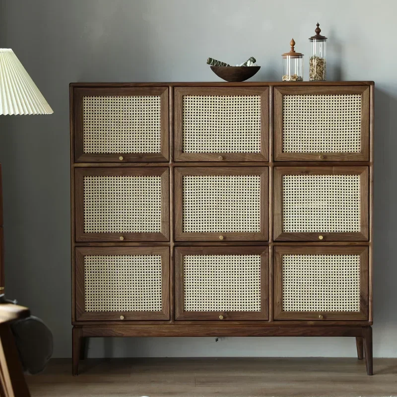 Bookcase Glass Flip Cabinet Combination Storage Black Walnut Wooden Display Case Rattan Sideboard Cabinet
