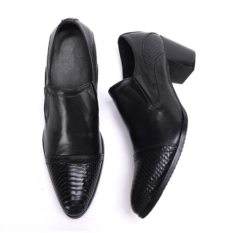 Original Male Serpentine Pointed Toe Shoes Wedding High Heel Dress Shoes Man Plus Size Business Office Genuine Leather Shoes