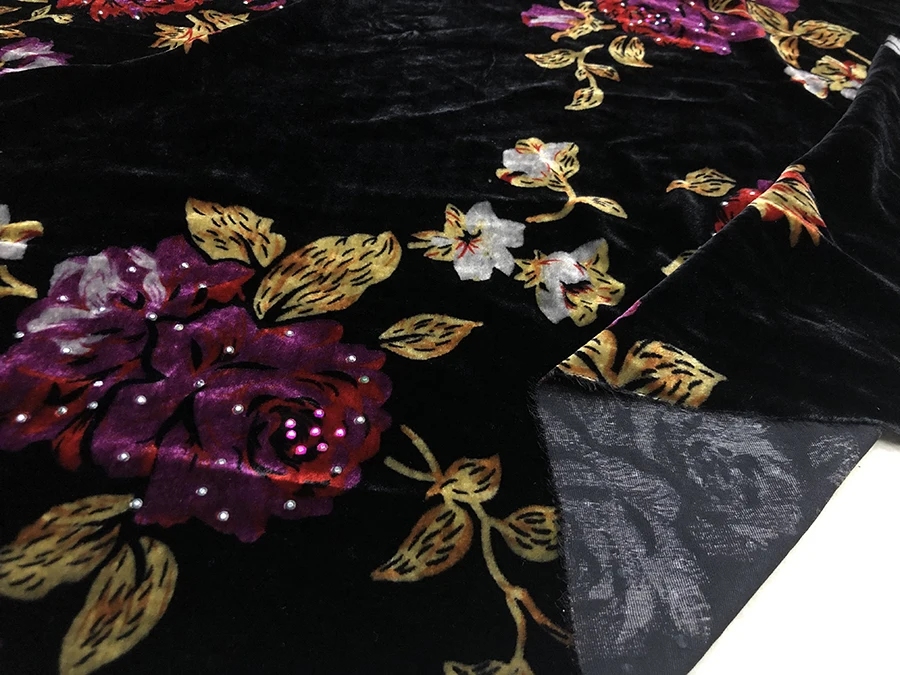 

High Quality Real Silk Velvet Fashion Black Background Red Purple Rose Shiny Hot Non-Inverted Fabric Cheongsam Qipao Cloth