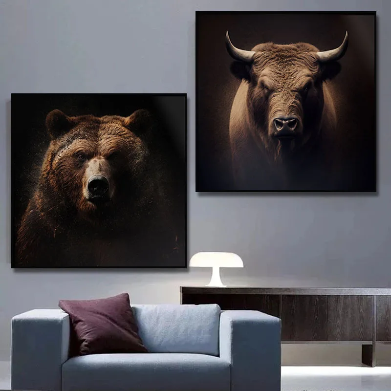 Bull Vs Bear Stock Market Analysts and Traders Art Posters Canvas Painting Wall Art Prints Pictures for Office Home Decor Gift