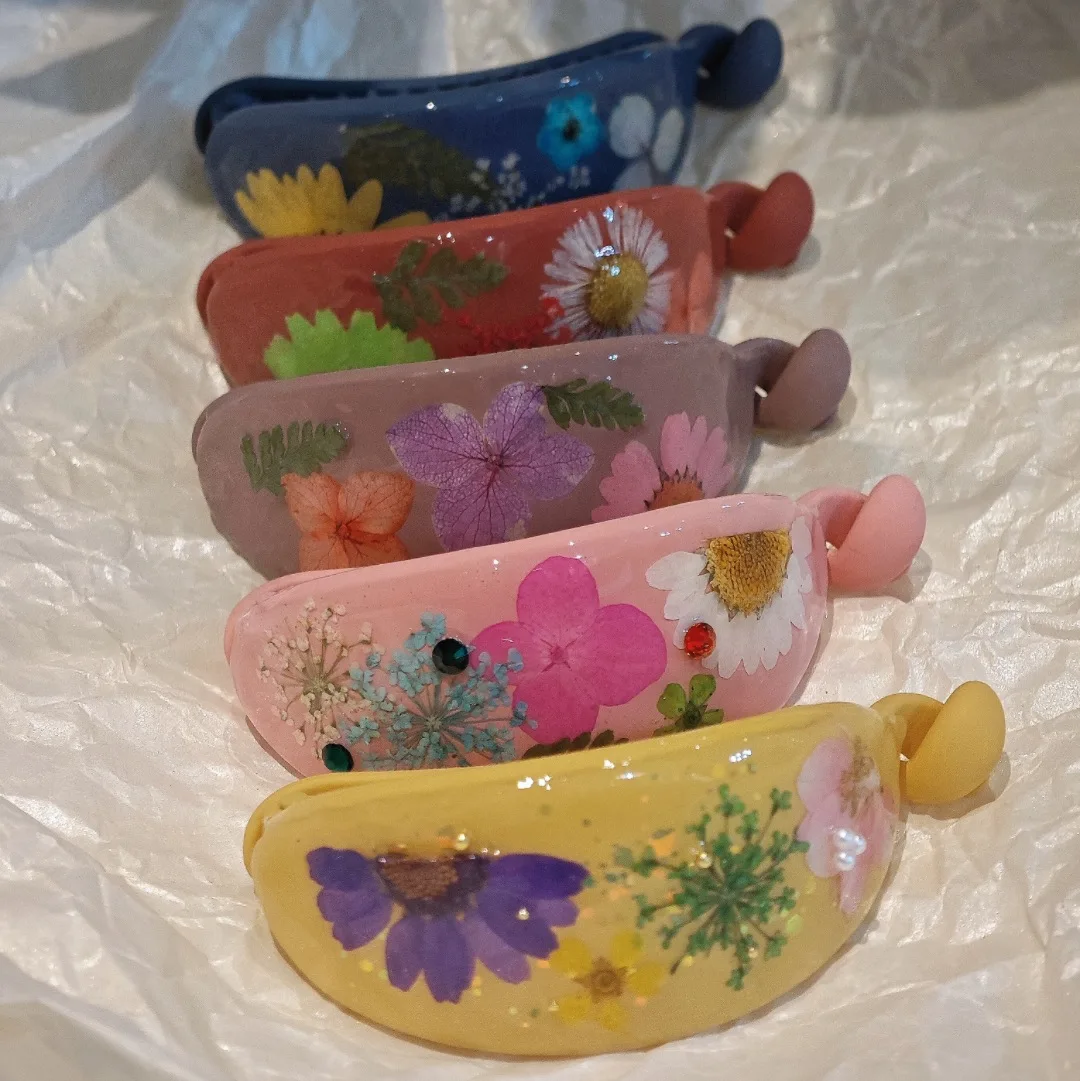 

3286 оптовая продажа, красочные зажимы для волос с сушеными цветами и бананом, аксессуары для волос с образцом растений, креативный головной убор, подарок на Рождество и день рождения