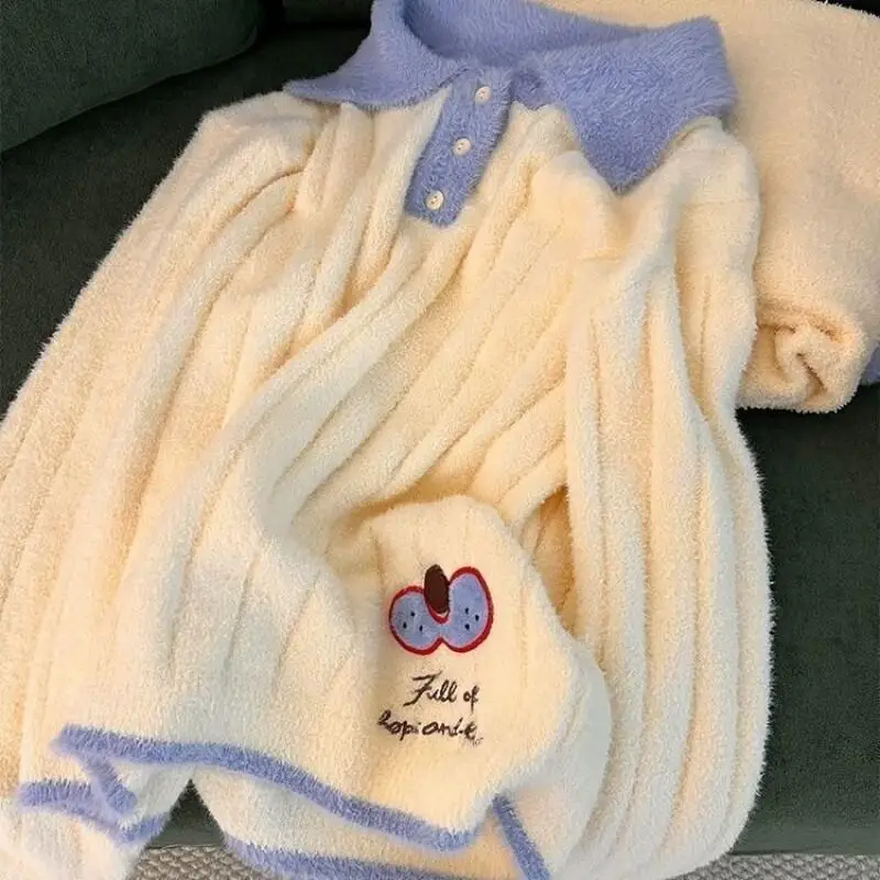 Pijamas de media pila con solapa para mujer, ropa de dormir cómoda y bonita para otoño e invierno, pijama grueso de manga larga, traje para casa de estilo preppy