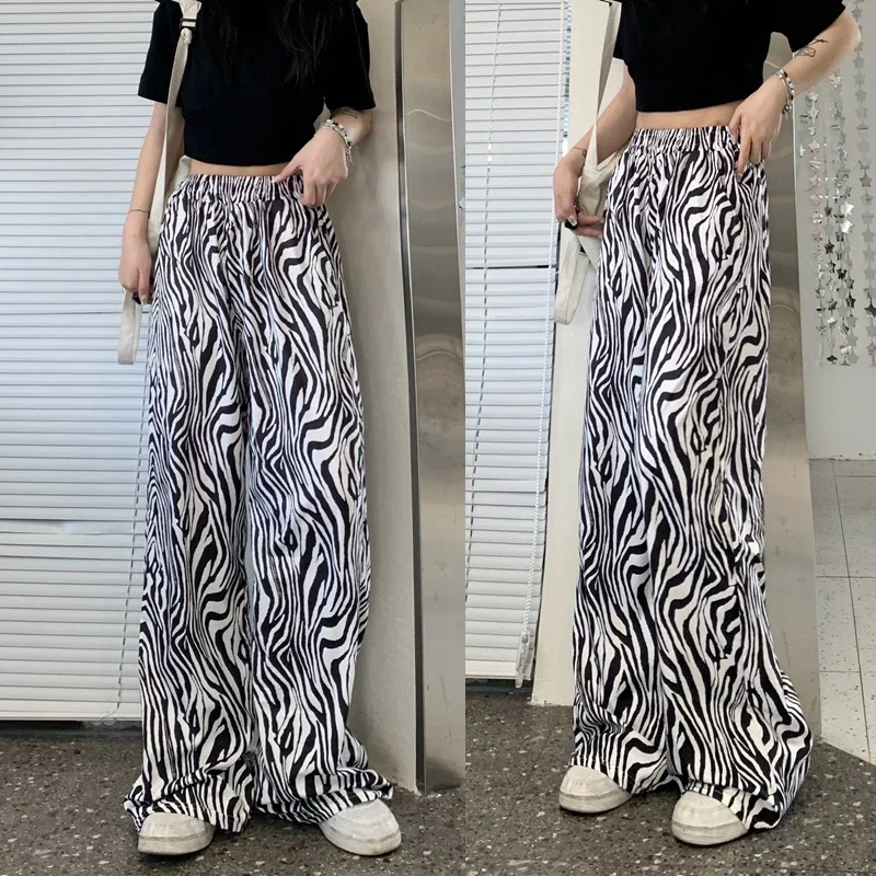 Pantaloni Casual da donna estivi per ragazze comodi pantaloni larghi a gamba larga pantaloni a gamba dritta a righe zebrate a vita alta femminili