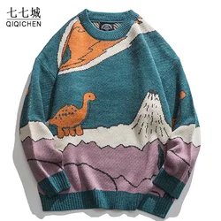 Harajuku-Pull de dessin animé petit dinosaure unisexe, pull vintage, streetwear japonais décontracté, hommes et femmes, hiver