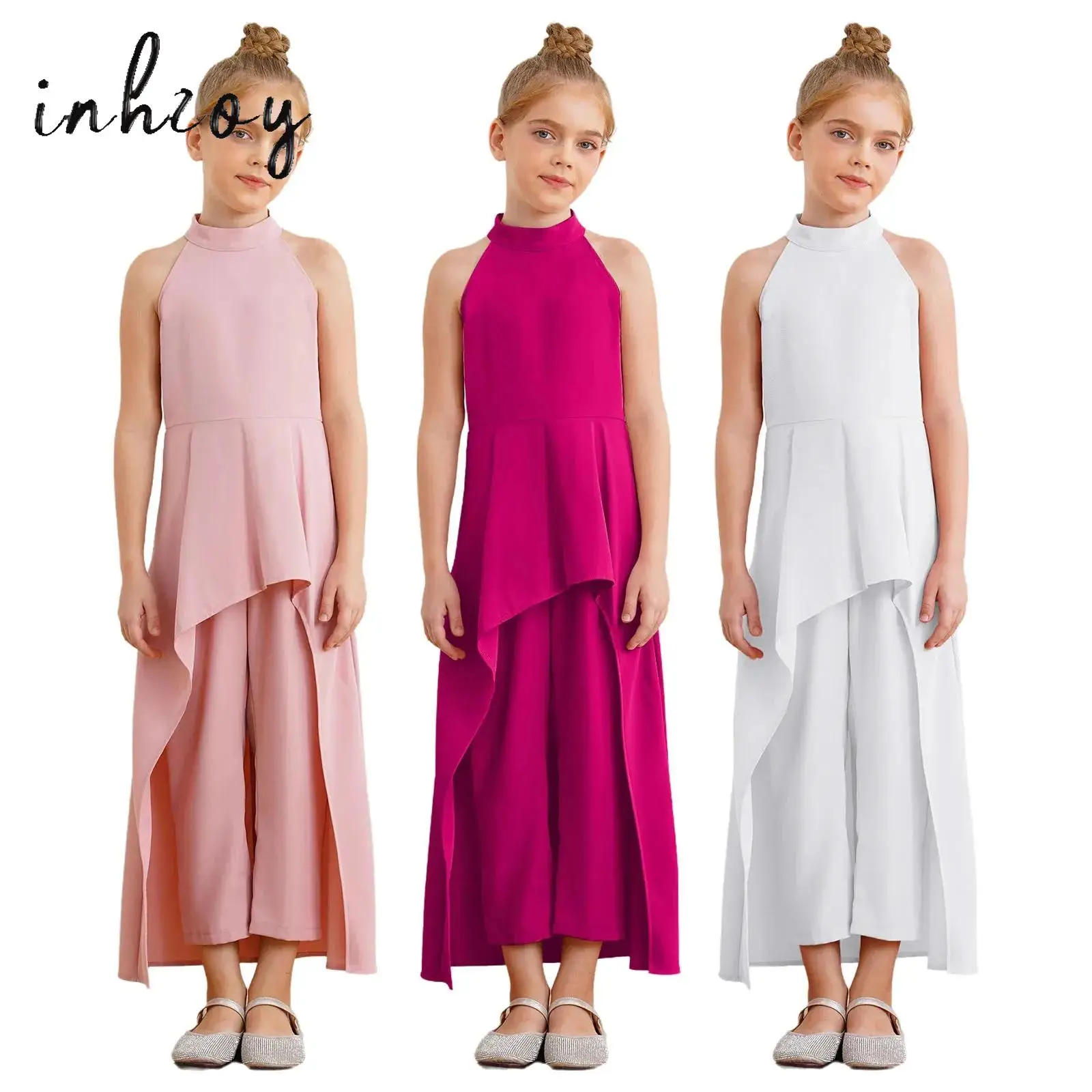 

Kids Festive Flower Girl Jumpsuit Sleeveless Trouser Suit High-Low Skirted Rompers Dress with Wide Leg Trouser for Party Banquet