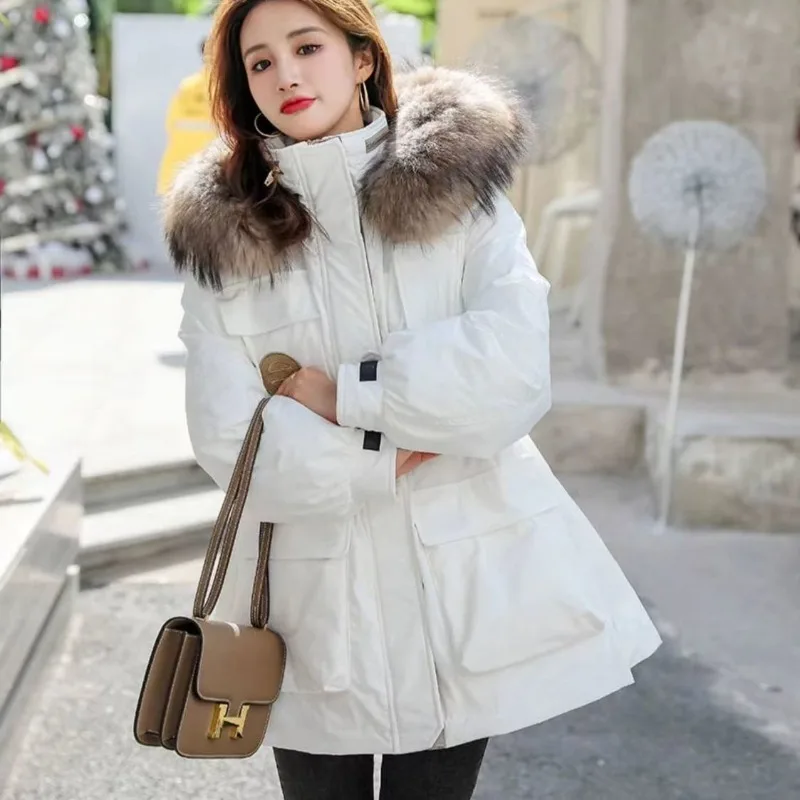 2023 New Women Down Jacket Winter Coat Female Mid-length Thicken Parkas Frock Loose Fur Collor Outwear Hooded Trend Overcoat