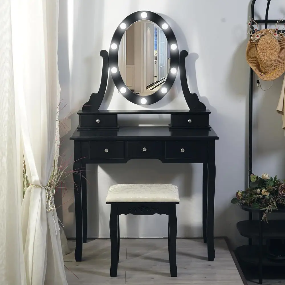 

Elegant Wood Makeup Vanity Set with Oval Mirror, Stool, and 5 Drawers for Bedroom