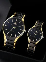 2pcs Fashionable, Minimalist, and Versatile Circular MEN'S AND WOMEN'S Couple Watch Steel Strap Quartz Wristwatch