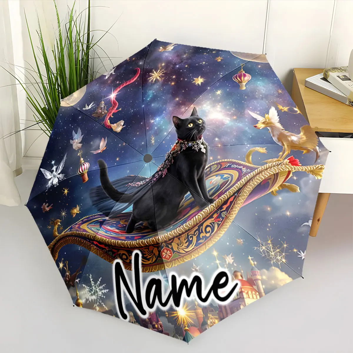 Custom Name Umbrella Mystical Cat Journey on a Magical Umbrella Print 8 Iron Ribs Folding Umbrella Auto-Open Fashion Sunshade