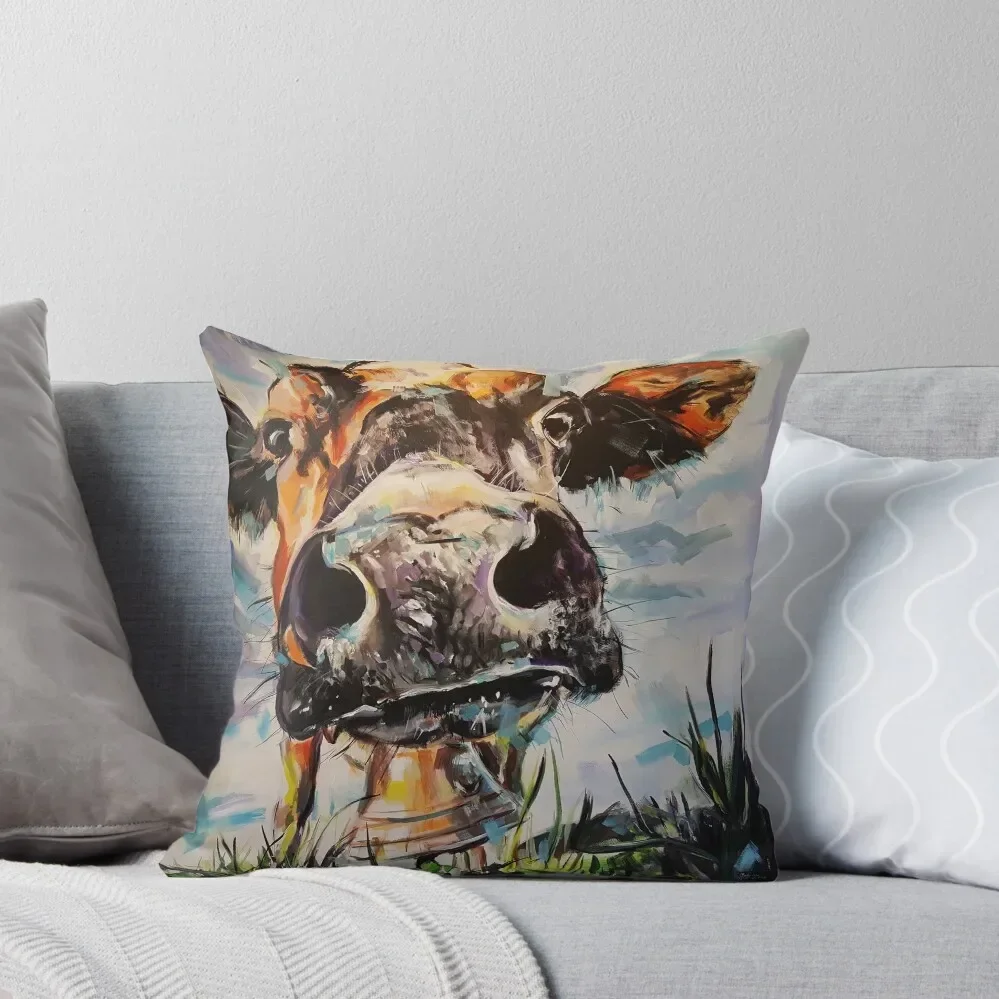 COW LUCY - cow close up, cow head painting, & cowbell, snout Throw Pillow Pillowcases pillow