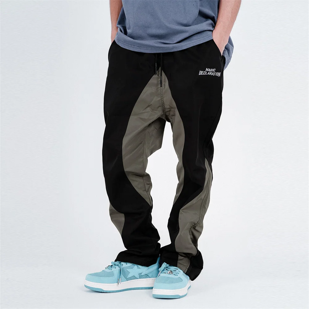 Colorblock Zipper Sweatpants Mens Fashion Elastic Waist Straight Loose Pants Stitching Letter Embroidery Baggy Trowers