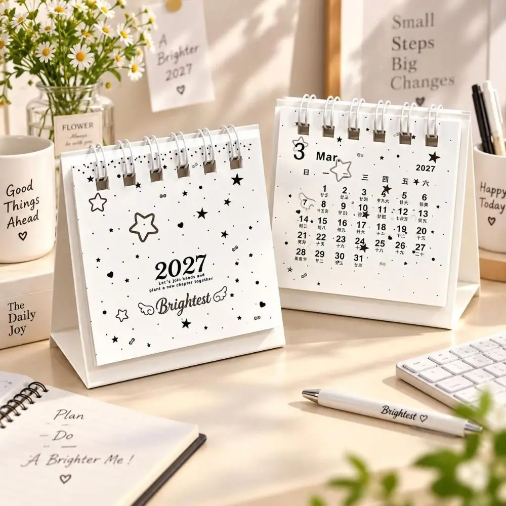 Cute Polka Dots 2027 Desk Calendar Star Pattern Portable Mini Desktop Calendar Tabletop Calendar Students Gifts