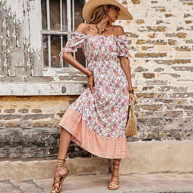 

Ardm Fashion Off Shoulder Positioning Flower Print Boho Dresses For Women 2022 Elegant Short Sleeve Beach Midi Dress Vestidos