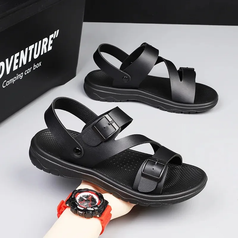 

Mens Sandals Leather Men Summer Shoes Flat Beach Sandals Male Black Leather Shoes