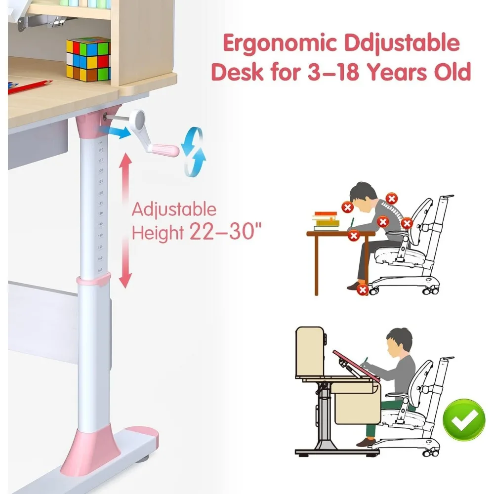 Escritorio de lectura de madera con altura ajustable para niños, escritorio inclinable, soporte para tableta y cajones de almacenamiento, silla no incluida