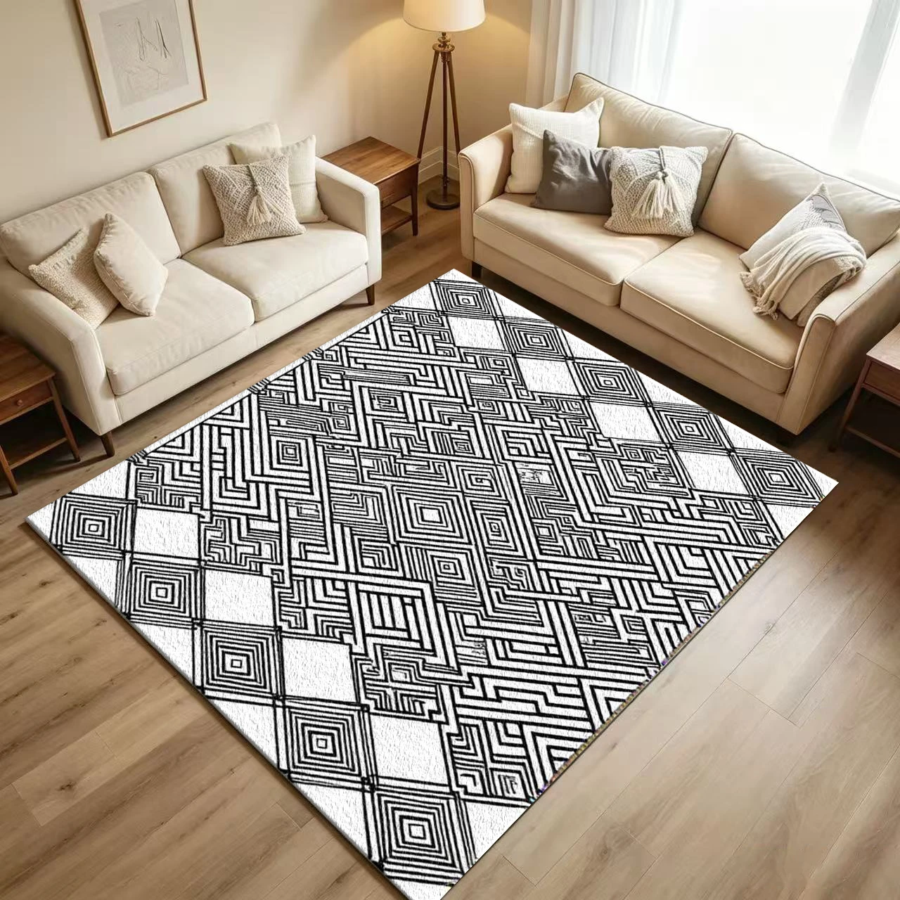 Black White Geometric Maze Rhombus Carpet Flooring Abstract Tribal Line Art Diamond Interlaced Seamless Pattern Printed Floor Rug for Household Indoor Modern Home Decor
