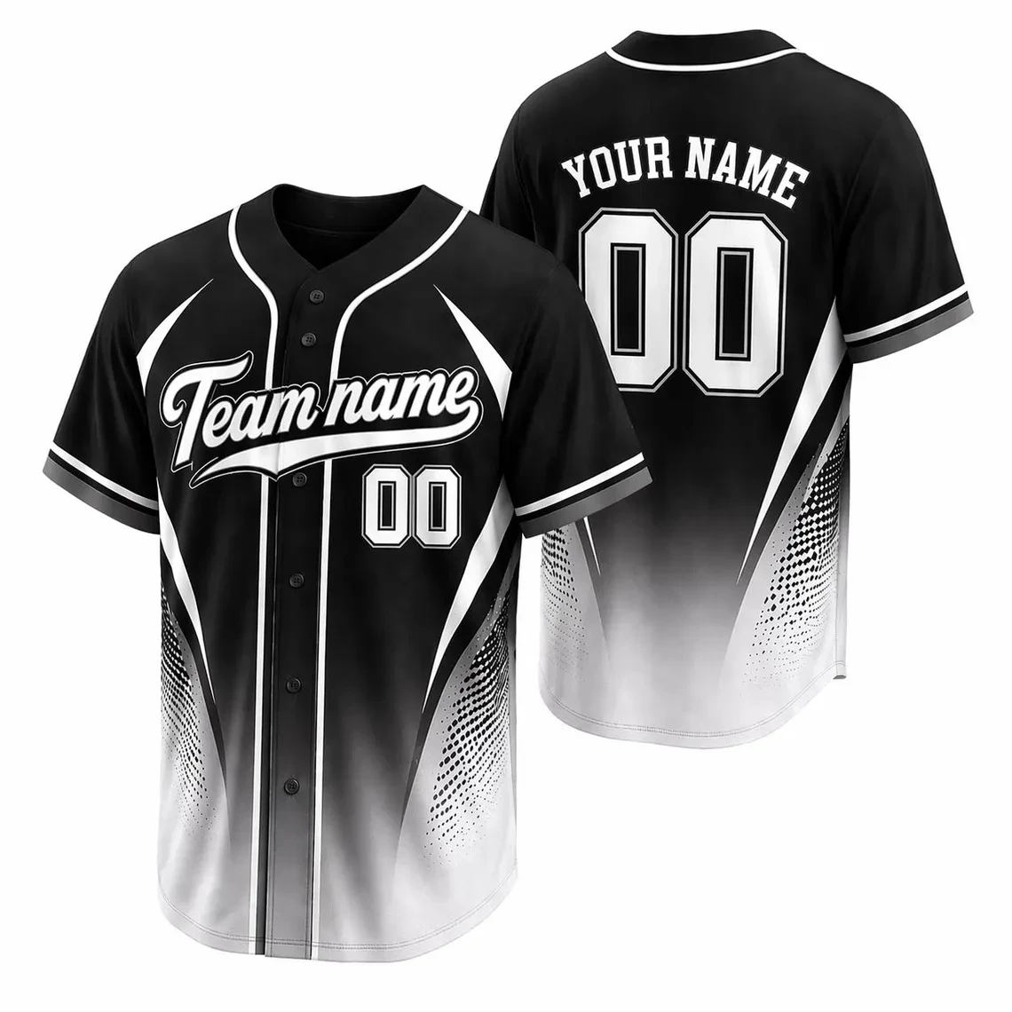 Camisa de beisebol com padrão de pontos em gradiente personalizado, nome do time, número, design esportivo azul e branco, uniforme de time para atacado