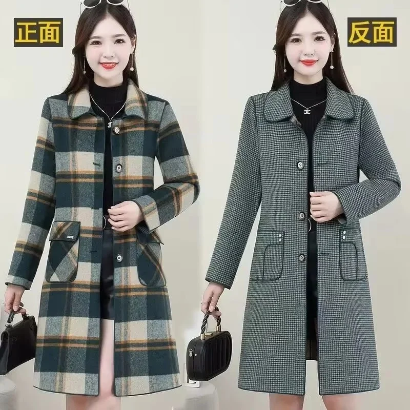 Autumn Winter Long Women Double Sided Cashmere Woolen Coat  Middle Aged Mother Both Sides Wear Plaid Wool Jacket Windbreaker 5XL