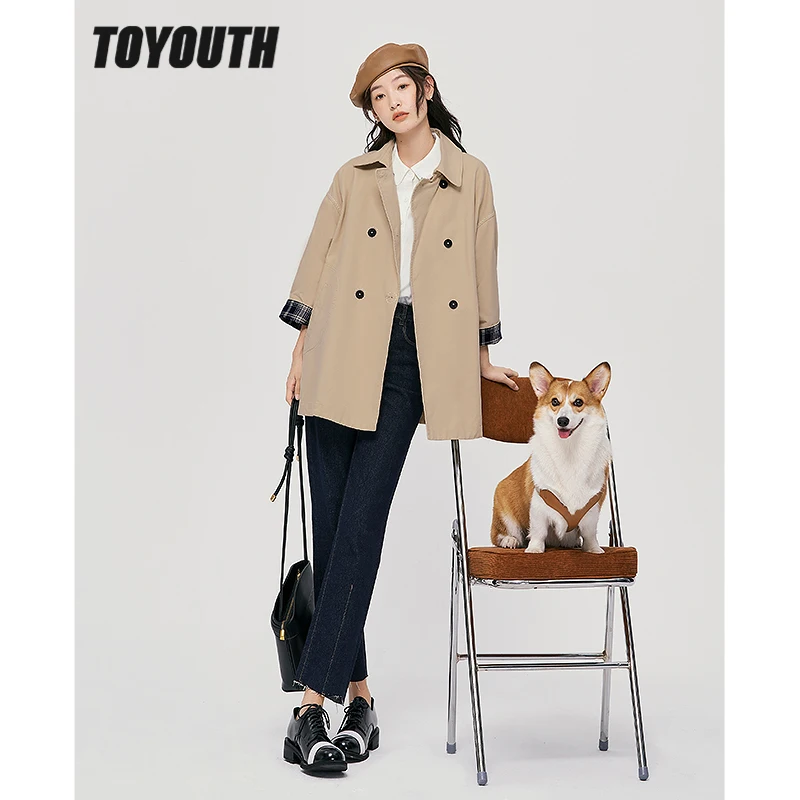 

Toyouth Women Trench Coat 2023 Autumn Long Sleeve Plaid Cuffs Turndown Collar Windbreaker Solid Mid Length Classic Outwear