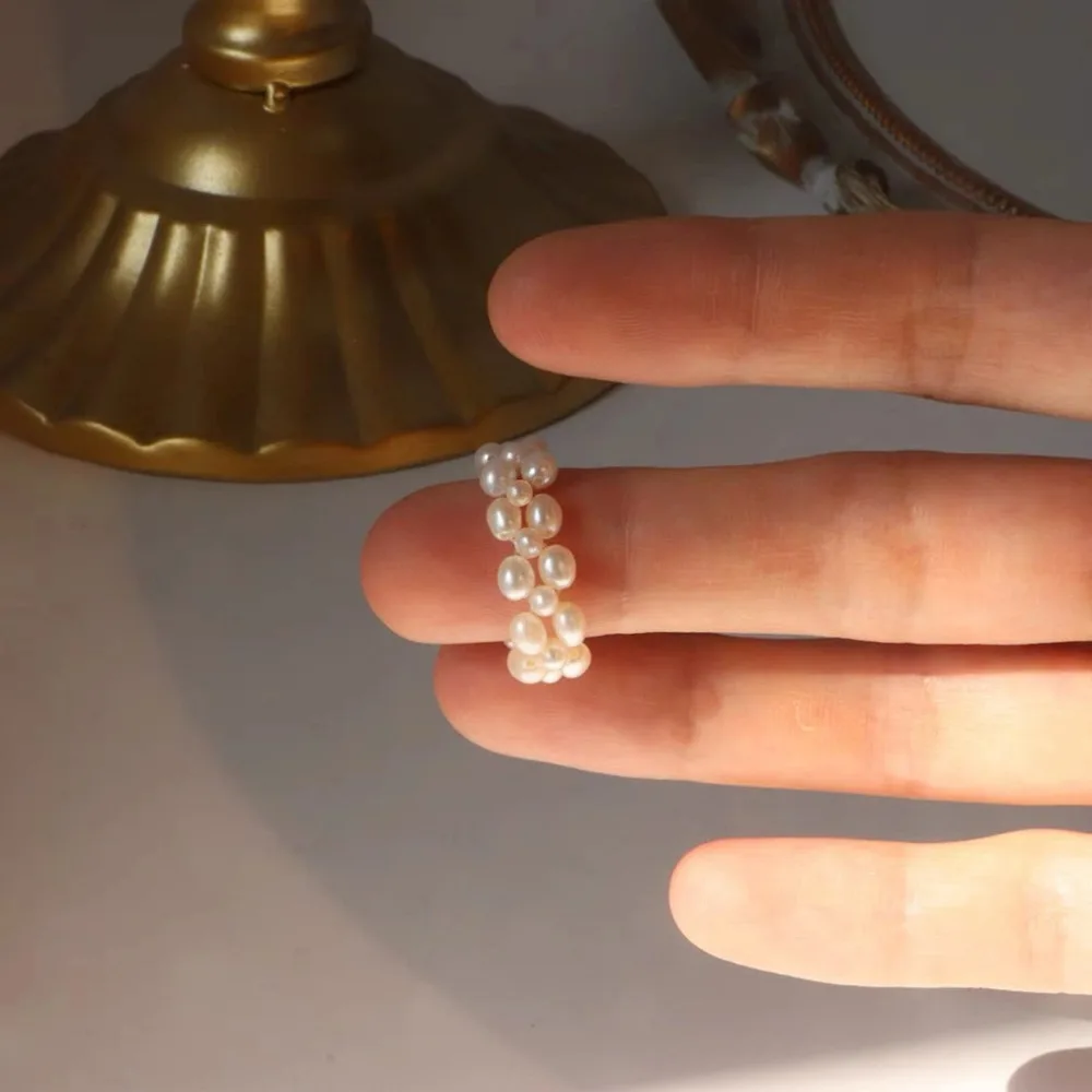 خاتم لؤلؤ على الطراز الفرنسي قابل للتعديل مطلي بالذهب مجوهرات أنيقة بسيطة للنساء #3