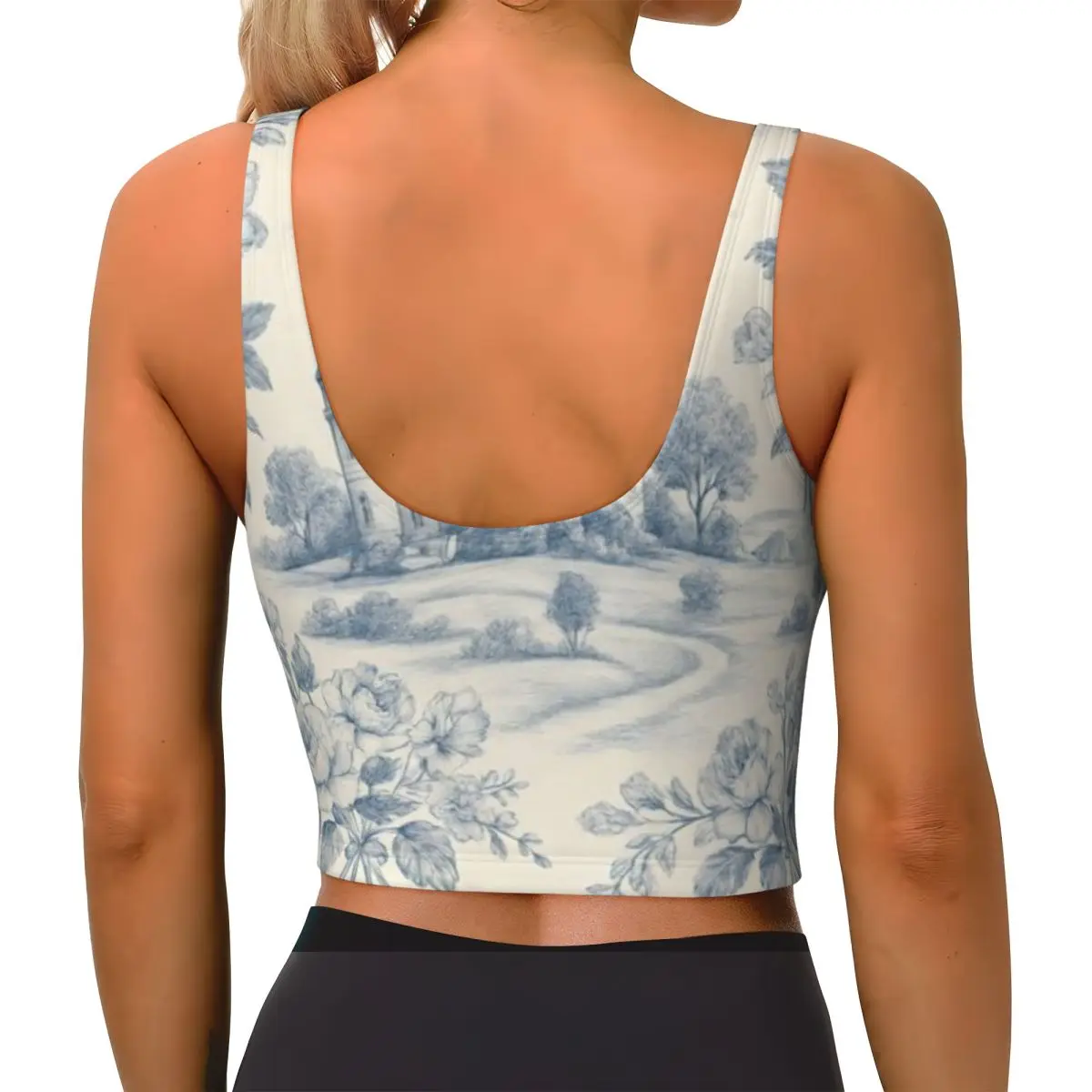 Bodybuilding Tank Blue Ink Castle With Floral Frame Vintage Toile Landscape Barre Workout Cross Back Tank