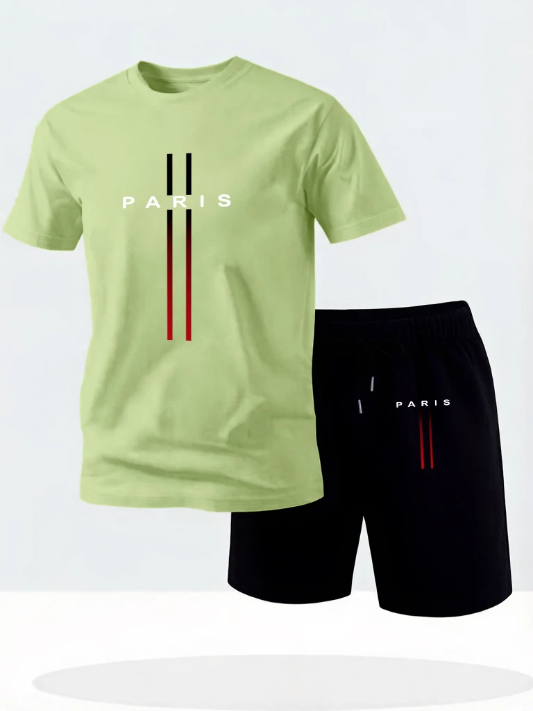 

Paris Letter Creative Prints Mens Cotton Basics Cool Short Sleeve Daily Fashion Tee Shirts Suits Casual Summer Sport Sweatpants
