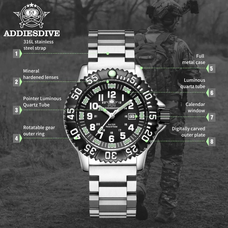 Addies Dive New Men Watch 316L Stainless Steel Strap Black Dial 50m Waterproof Watch Luminous Hand 51mm Alloy Case Sports Watch