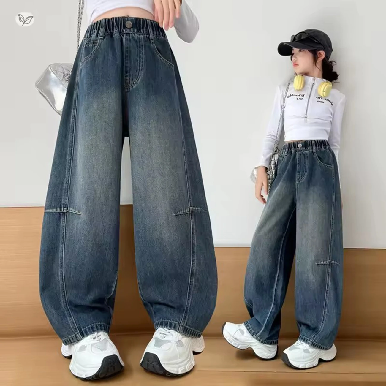 

Широкие джинсы для девочек, джинсовые брюки с завязками на низу, лоскутные брюки с боковым швом, осенние детские модные детские брюки с высокой талией