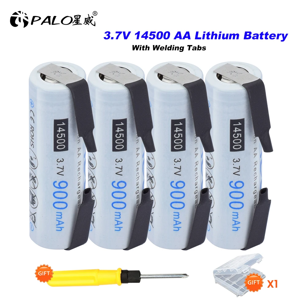 PALO 3.7V 900mAh 14500 Li-ion Rechargeable Battery AA Rechargeable Lithium Batteries with Welding Tabs for Electric Toothbrush