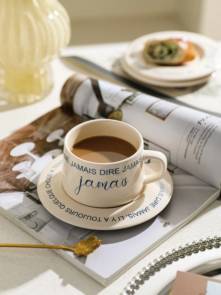 French Style Classic Cream Ceramic Mug Dish Set Ins Letters Printed Coffee Cup Dessert Plate Home Cafe Afternoon Teacup Korean