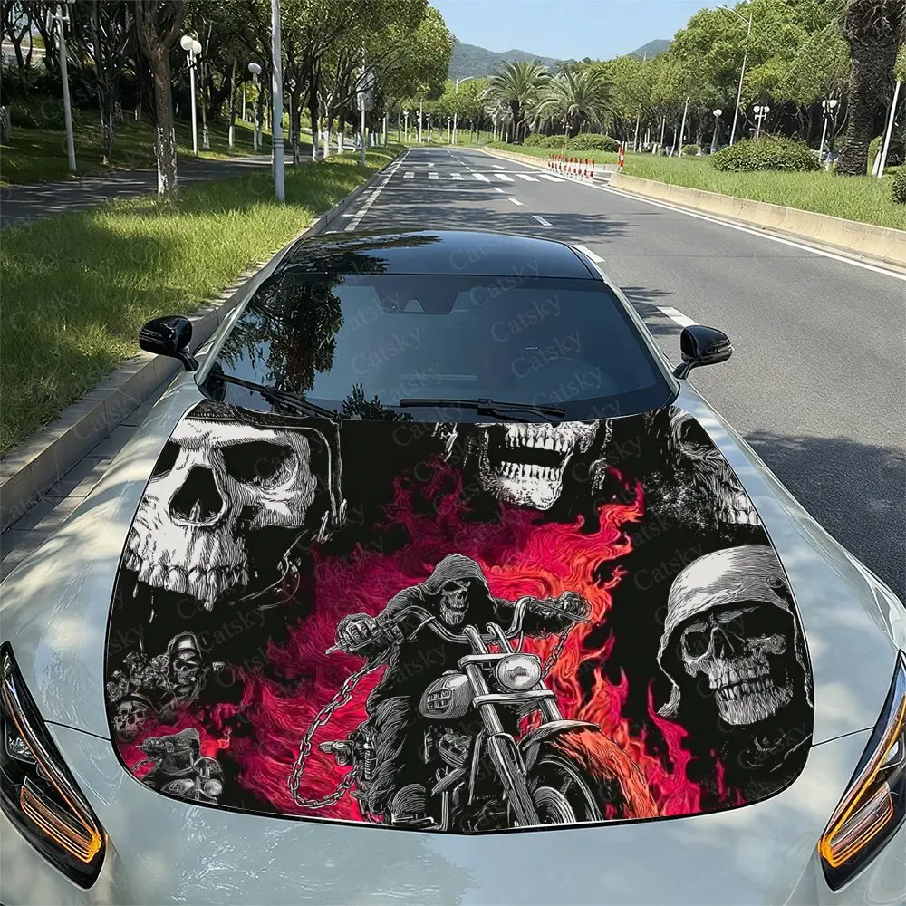 

Flame Locomotive Skeleton Car Vinyl Wraps, Engine Hood Decals, Splash-Resistant Features, Easy To Remove, Suitable For Hood Deco