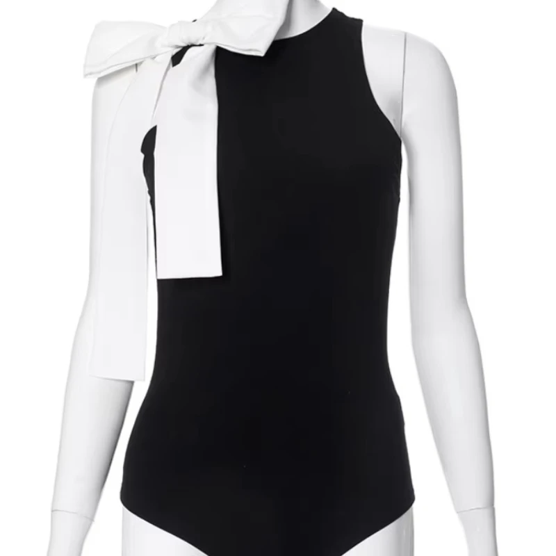 Women's summer contrasting sleeveless half high neck butterfly bow pullover sexy jumpsuit for women ins
