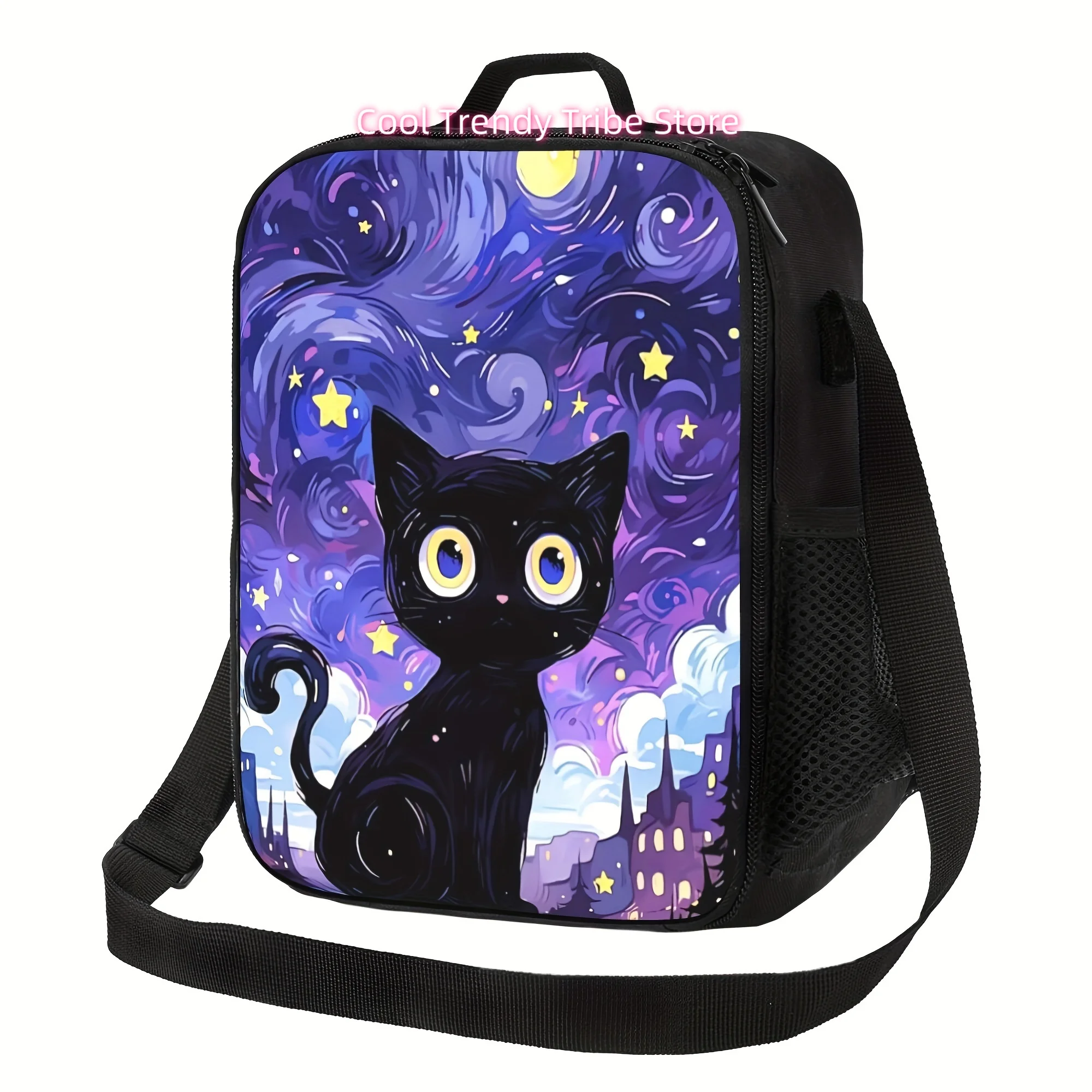 1pc Starry Night & Black Cat Pattern Reusable Cooler Bag, Insulated Bag, Insulated Lunch Bag, for Camping, Picnics,