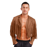 Mens Fringe Faux Suede Cropped Jackets Lapel Long Sleeve Open Front Cardigan 80s Hippie Western Cowboy Carnival Party Costume